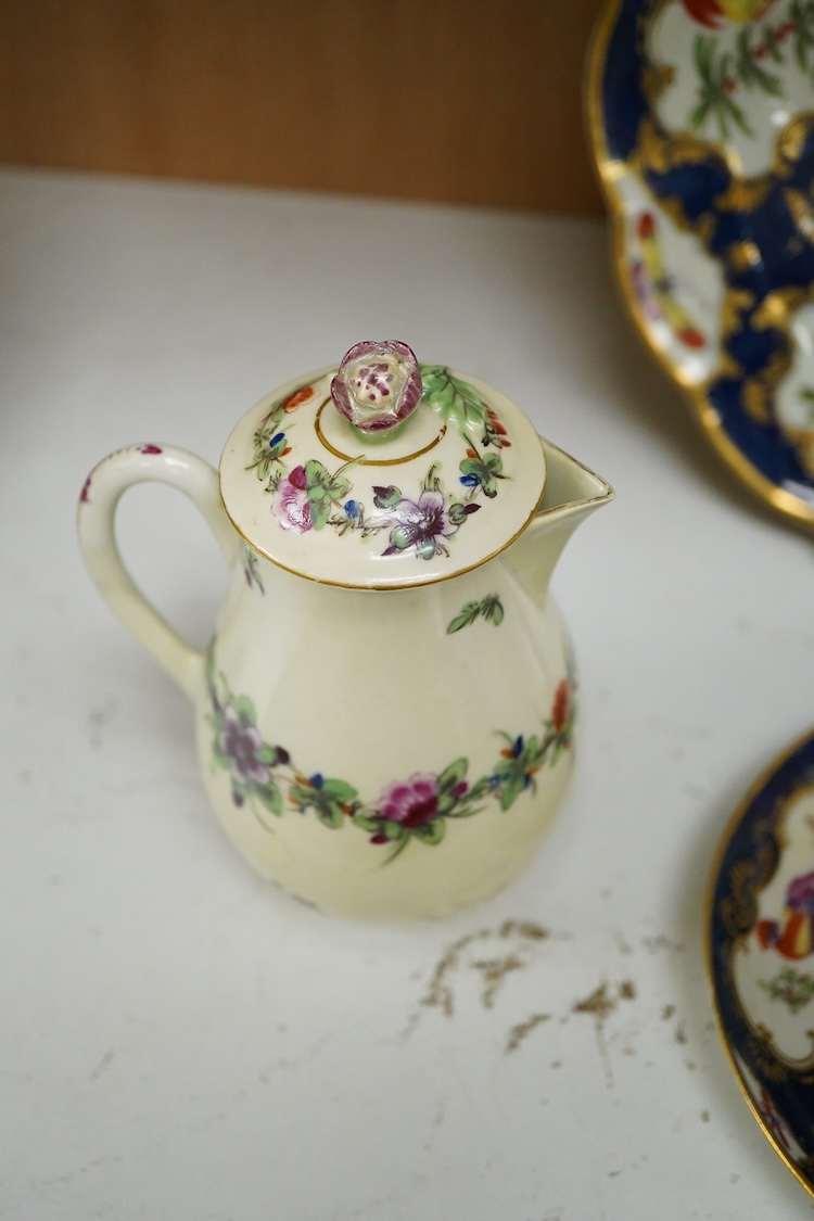 A Worcester scale blue dish - 25cm diameter, a similar cup and saucer and a covered jug, c.1770-80